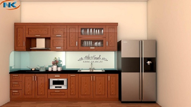 Mẫu tủ bếp gỗ xoan đào chữ I nhỏ xinh là lựa chọn số một cho không gian bếp chật hẹp.