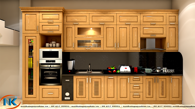 Thiết kế tủ bếp gỗ sồi nga dáng chữ I hiện đại, tiện nghi cho phòng bếp gọn gàng, rộng rãi hơn