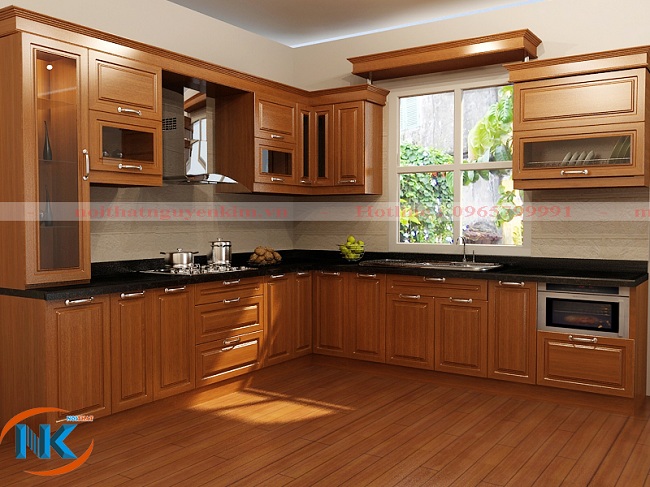Tủ bếp gỗ sồi mỹ tự nhiên đẹp cho không gian bếp rộng mở, đẹp tinh tế