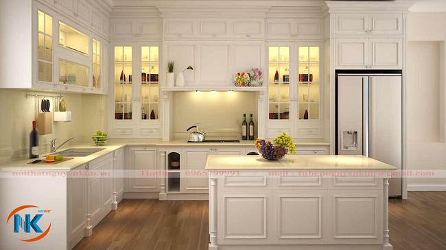 Thêm một thiết kế xoan đào sơn trắng với bàn đảo tiện nghi, sang trọng hơn cho phòng bếp