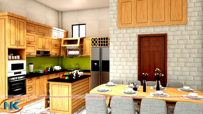 Tủ bếp gỗ sồi mỹ chữ L có bàn đảo thông minh, tiện nghi cho phòng bếp hiện đại