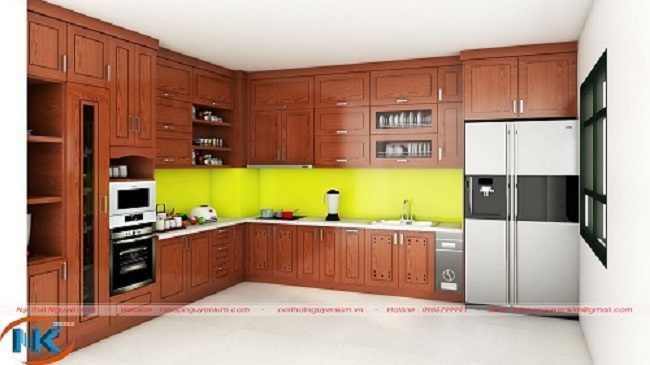 Thiết kế tủ bếp chữ L có thêm khoang chứa tủ lạnh rất tiện nghi cho một không gian bếp hiện đạị       