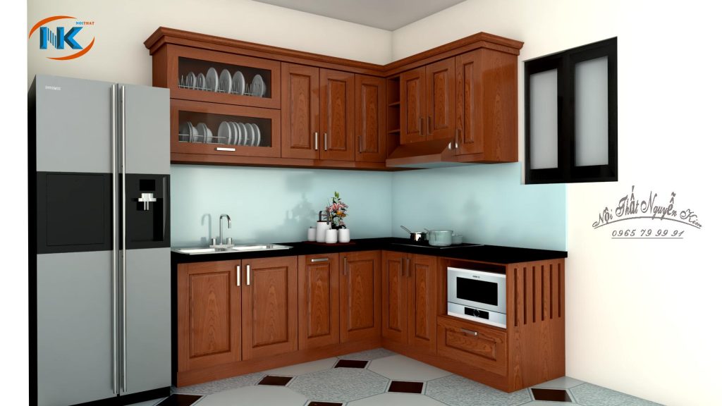 Tủ bếp gỗ xoan đào với đặc trưng là màu cánh dán đậm dễ nhận biết bằng mắt thường