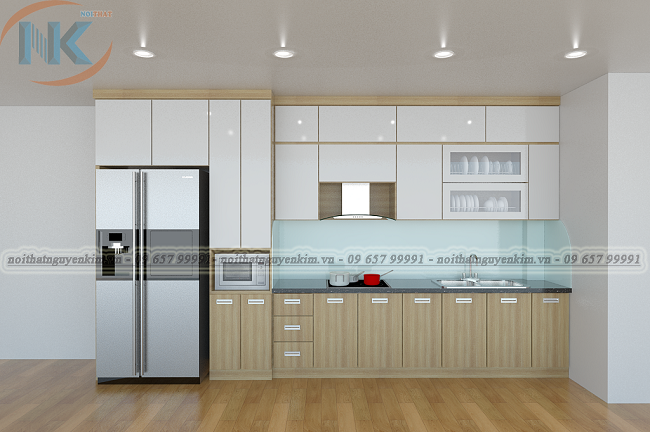 Sự kết hợp hiện đại, cân xứng về màu sắc cho phần tủ bếp trên là acrylic trắng sáng và tủ bếp dưới chất liệu laminate vân gỗ sần chống ẩm, chống nước siêu tốt