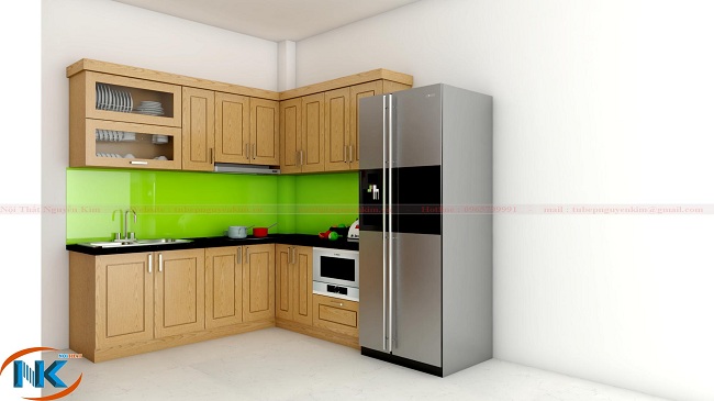 Thiết kế tủ bếp với kính ốp bếp xanh lá cây hợp mệnh hỏa