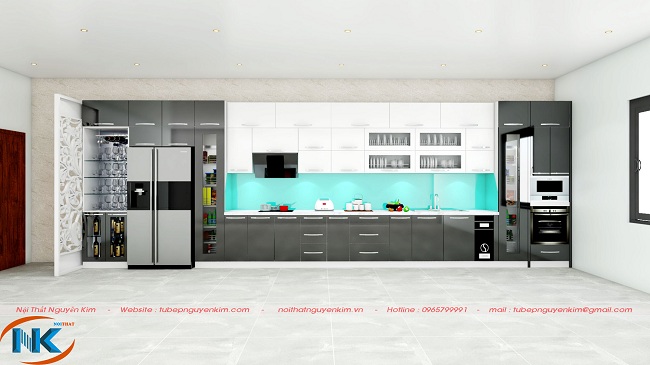 Tủ bếp gỗ acrylic dáng chữ I dành cho phòng bếp rộng. Mẫu tủ bếp này phù hợp với cả nhà đất hay chung cư diện tích rộng