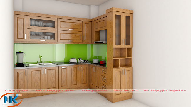 Thiết kế tủ bếp gỗ sồi nga TBSN18 chữ L xinh xắn cho căn bếp với diện tích vừa và nhỏ nhất là tại các chung cư