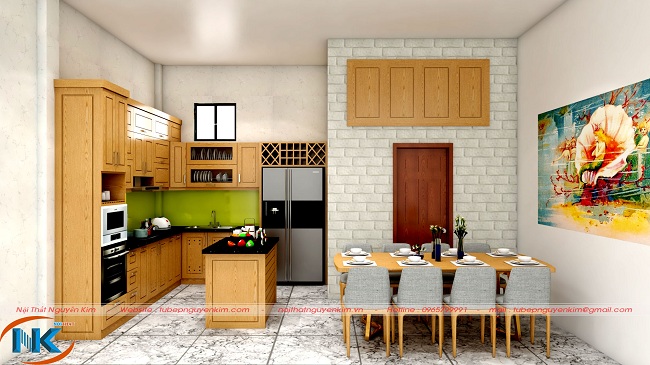 Bản vẽ 3D tủ bếp gỗ sồi mỹ chữ L có bàn đảo soạn đồ cho căn bếp hiện đại, thông minh