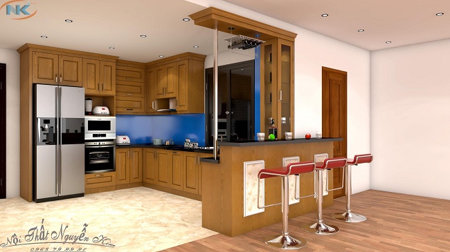 Một thiết kế tủ bếp sồi nga chữ U có quầy bar mini cho phòng bếp diện tích rộng rãi