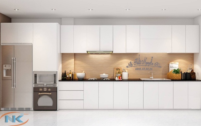 Tủ bếp acrylic an cường chữ I màu trắng tinh tế luôn là lựa chọn của rất đông khách hàng
