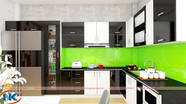 Tủ bếp acrylic chữ L vuông góc nhà cô Liên, Khương Trung, Thanh Xuân, Hà Nội