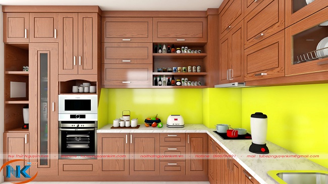 Dưới góc nhìn gần, bột tủ bếp gỗ sồi mỹ đẹp hoàn hảo về đường nét. Thiết kế tối ưu tính năng sử dụng của phòng bếp hiện đại