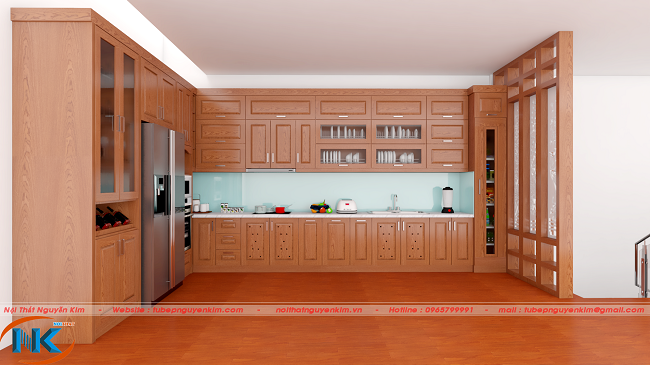 Căn bếp như rộng mở, có chiều sâu hơn với thiết kế tủ bếp chữ L