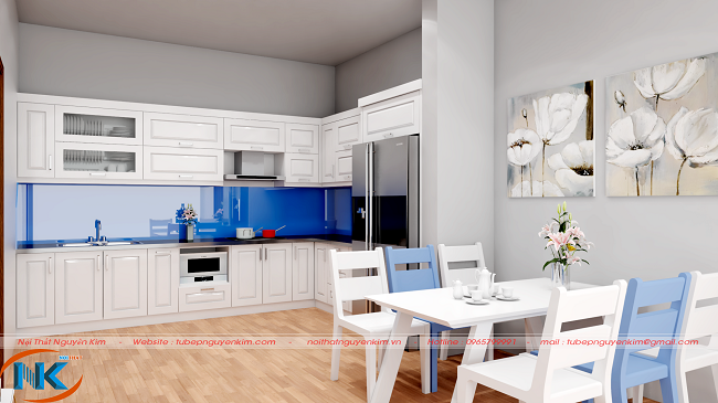 Tủ bếp gỗ sồi nga TBSN23 chữ L sơn trắng đẹp tinh tế cùng tông màu trắng của căn hộ chung cư
