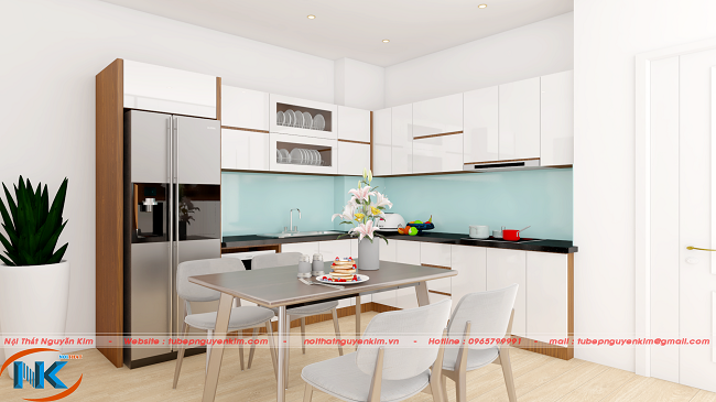 Tủ bếp gỗ acrylic chữ L màu trắng sáng tinh tế, nhẹ nhàng rất hiện đại cho không gian căn hộ