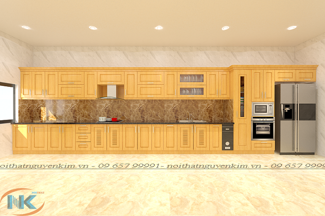 Mẫu tủ bếp hiện đại gỗ sồi nga mang đến không gian bếp sang hơn, nổi bật bởi màu vàng đặc trưng gỗ sồi