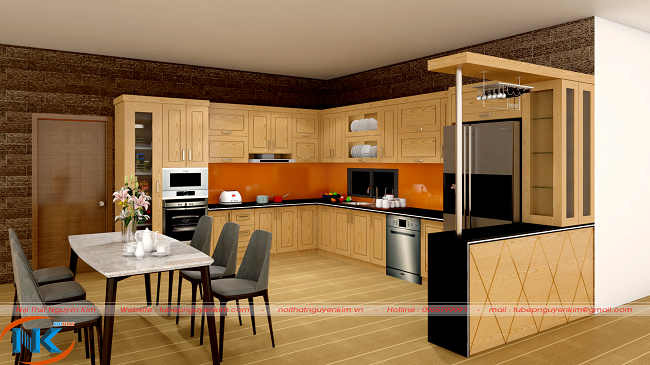 Chỉ phòng bếp có diện tích rộng , bạn có thể đóng tủ bếp có quầy bar được. Phòng bếp rộng hơn, hài hòa với không gian chung