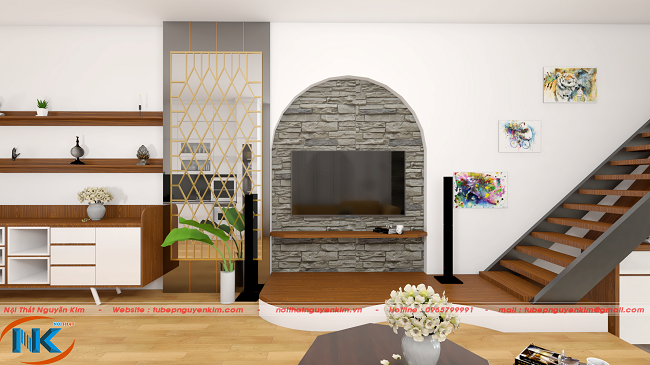 Hình ảnh 3D kệ ti vi, tủ trang trí phòng khách gỗ công nghiệp Laminate