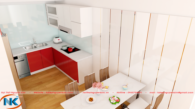 Tủ bếp acrylic phối màu trắng bóng gương cho tủ bếp trên và màu đỏ tươi cho phần tủ bếp dưới