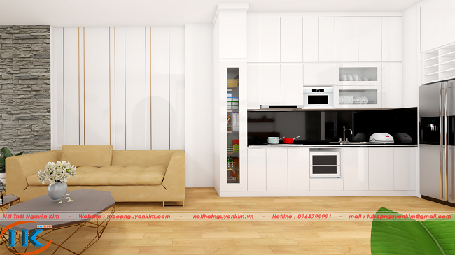 Tủ bếp gỗ acrylic màu trắng kiểu dáng chữ L trên bản vẽ 3D gia đình chị Bình