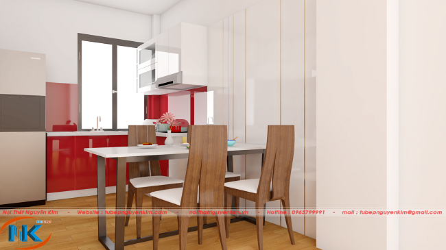 Thiết kế tủ bếp acrylic bóng gương chữ L rất bắt mắt, hiện đại cho căn bếp chung cư. Không gian bếp được tối ưu, tạo sự thoáng mát nhờ cửa sổ tận dụng đặt chậu rửa cho căn bếp luôn khô ráo