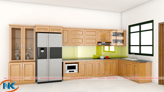 Thiết kế hợp lý cho mẫu tủ bếp chữ L tận dụng cửa sổ phòng bếp đặt chậu rửa bát đảm bảo khô thoáng, tăng độ bền tủ bếp.