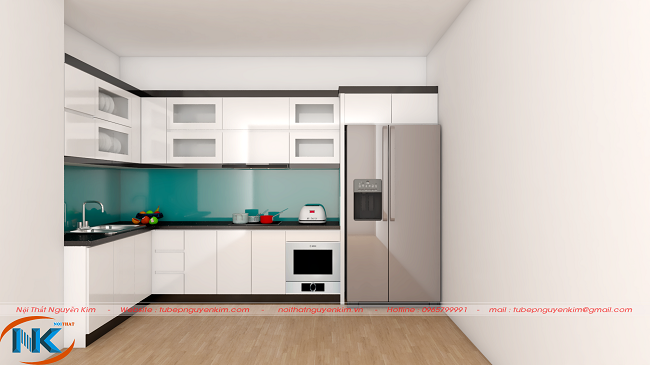 Mẫu tủ bếp acrylic chữ L thiết kế tối ưu, tạo không gian mở, di chuyển đến các khu vực bếp dễ dàng