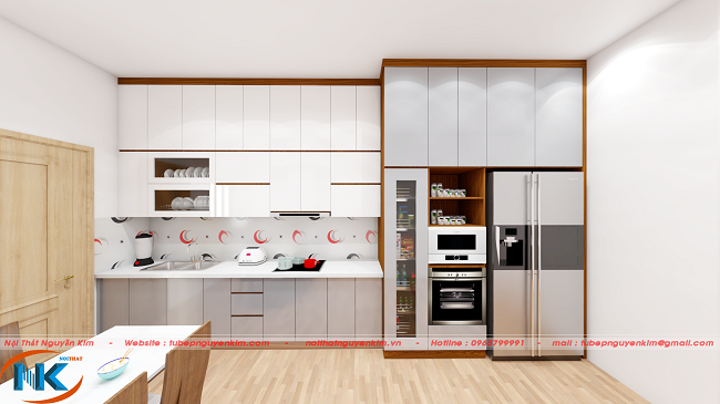 Thiết kế tủ bếp acrylic kịch trần cũng là một cách tối ưu diện tích sử dụng,công năng chính cho phòng bếp