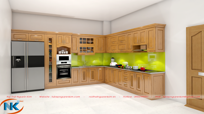 Tủ bếp chữ L cho gia đình có diện tích bếp đủ rộng. Kiểu dáng thiết kế tối ưu không gian, tiết kiệm diện tích góc bếp hoàn hảo