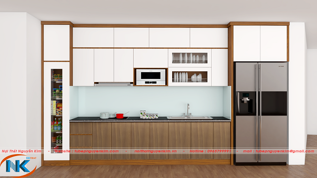 Tủ bếp chữ I kết hợp màu vân gỗ cho tủ bếp dưới và màu trắng tinh tế cho tủ bếp trên