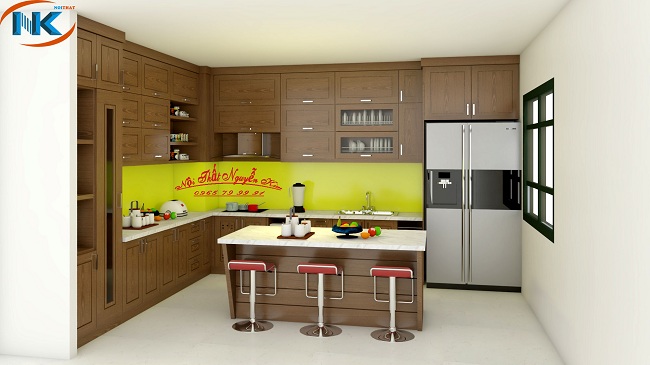 Tủ bếp có bàn đảo chất liệu gỗ sồi nga sơn màu hạt dẻ sang trọng, đẳng cấp cho không gian bếp