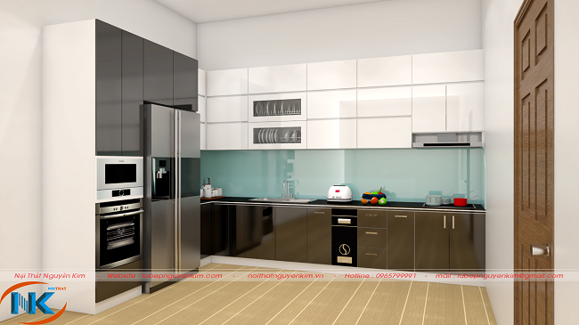 Bản vẽ 3D tủ bếp gỗ acrylic màu trắng cho tủ bếp trên và màu nâu của tủ bếp dưới