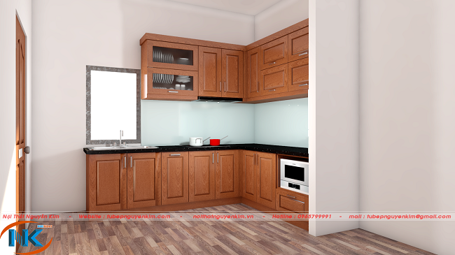 Phòng bếp nhỏ, sử dụng tủ bếp chữ L tạo không gian mở, căn bếp thoáng mát hơn