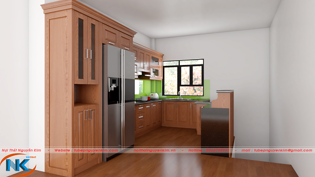 Mẫu thiết kế tủ bếp gỗ sồi nga TBSN35 dáng chữ L tiện nghi, phù hợp không gian phòng bếp