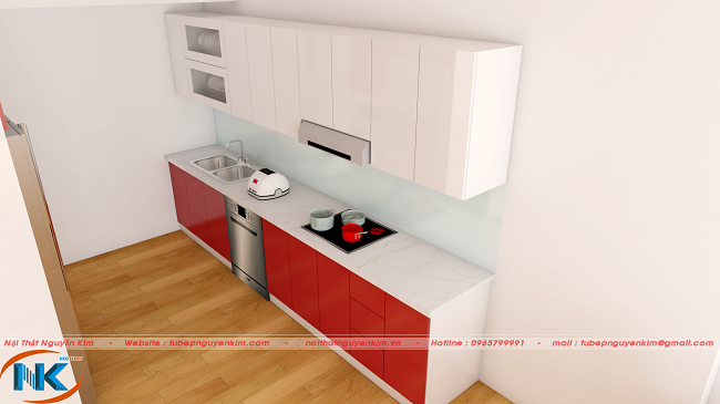 Mẫu tủ bếp acrylic màu đỏ đô kết hợp màu trắng bóng gương cao cấp an cường. Căn bếp cảm giác rộng rãi, không gian được mở rộng