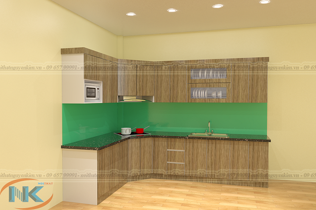 Tủ bếp nhỏ xinh cho phòng bếp diện tích vừa với màu vân gỗ tự nhiên theo sở thích khách hàng