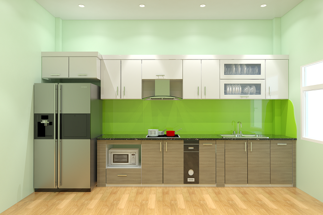 Tủ bếp acrylic an cường sử dụng màu vân gỗ kết hợp màu trắng