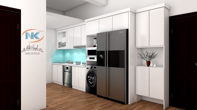 Mẫu tủ bếp gỗ acrylic màu trắng bóng gương chữ I cho căn bếp chung cư Mẫu tủ bếp gỗ acrylic màu trắng bóng gương chữ I cho căn bếp chung cư