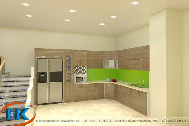 Mẫu tủ bếp laminate an cường màu vân gỗ với kiểu dáng chữ L tạo không gian mở cho căn bếp