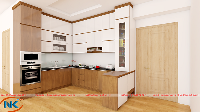 Bản vẽ 3D tủ bếp acrylic màu trắng tủ bếp trên và màu vân gỗ tủ bếp dưới
