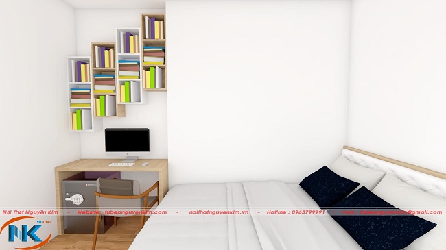 Giá sách nhỏ xinh thiết kế hình bậc thang là điểm nhấn cho toàn bộ phòng ngủ