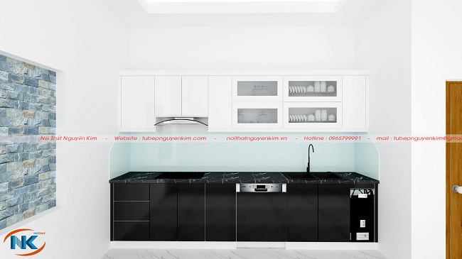 Tủ bếp acrylic chữ I kết hợp màu sắc trắng đen sang trọng, cao cấp