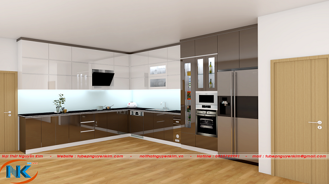 Tủ bếp acrylic an cường màu nâu kết hợp màu trắng bóng gương cho tủ bếp trên tạo không gian hài hòa màu sắc cho căn bếp