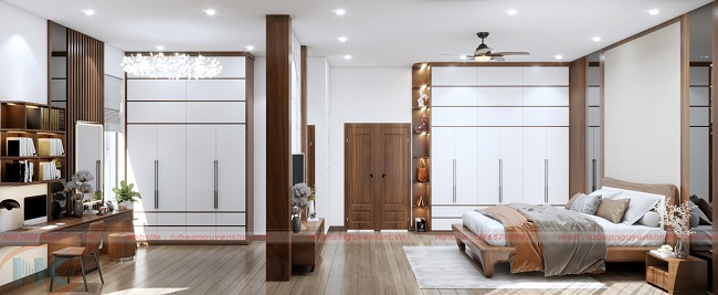 Phòng ngủ rộng rãi thiết kế 2 hệ tủ áo, giữa là vách ngăn kết hợp kệ tivi làm điểm nhấn không gian căn phòng