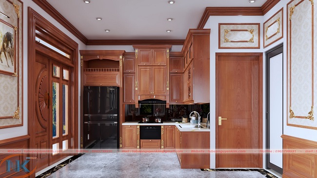 Tủ bếp gỗ gõ đỏ thiết kế chữ L full phụ kiện cao cấp, hiện đại