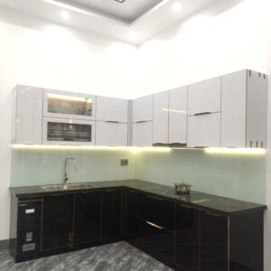 Thi công tủ bếp inox cánh kính chữ L nhà chị Bích, An Dương, Hải Phòng