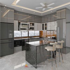 Tủ bếp inox hệ module một lớp cánh kính chữ L có đảo bếp nhà anh Tuyển, Phú Xuyên